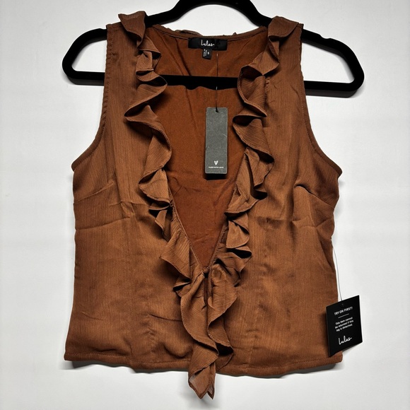 ✨Lulu's Briella Brown Ruffled Button-Front Top Size S - Picture 5 of 15